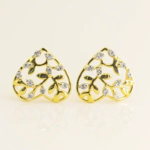 Heart Shaped Leaf Pattern Silver Stud Earrings with American Diamond Highlights