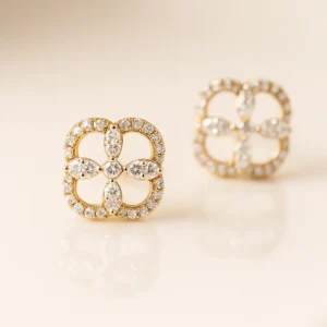 Elegant Floral Frame Silver Stud Earrings with American Diamond Border
