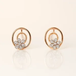 Floral Frame Silver Stud Earrings with Gold Polish and American Diamonds