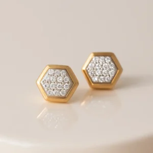 Hexagon Shape Silver Stud Earrings with Premium Gold Polish and American Diamonds