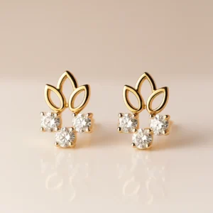 Triple Stone Silver Stud Earrings with Leaf Pattern Design