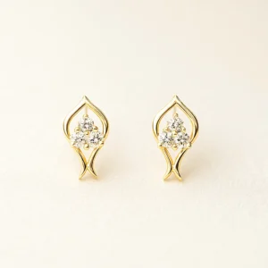Designer Silver Stud Earrings with Triple American Diamond Floral Style Premium Gold Polish