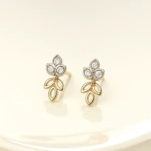 Floral Leaf Drop Silver Stud Earrings with Gold Polish and American Diamonds