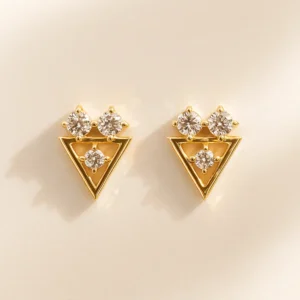 Geometric Silver Stud Triangle Earrings with Shimmering American Diamond Detailing Premium Gold Polish