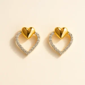 Romantic Silver Stud Heart Earrings with American Diamond Outline Design Premium Gold Polish