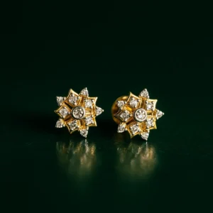 Golden starburst stud earrings with american diamonds