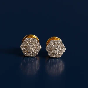 Hexagon shaped gold stud earrings with diamond shine