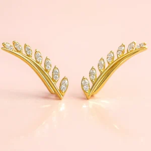 Elegant leaf climber gold stud earrings with diamond sparkle