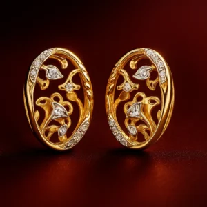 Oval filigree gold stud earrings with diamond accents