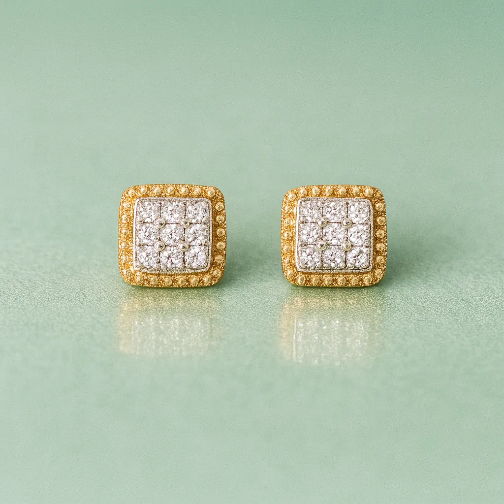Golden Square Frame Diamond Earrings