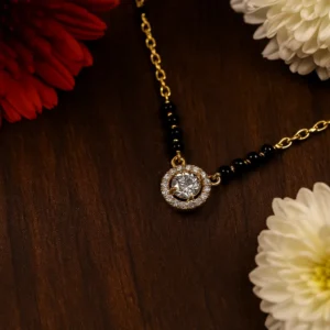 Elegant round diamond mangalsutra with gold polish and black beads chain