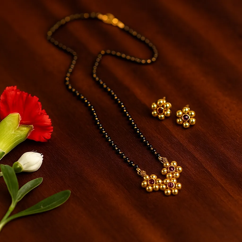 Traditional gold bead mangalsutra set with matching earrings