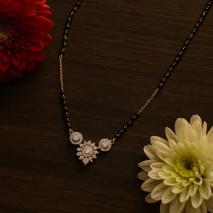 Elegant triple floral diamond mangalsutra with black beads