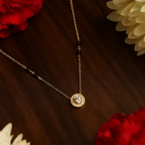 Elegant solitaire pendant mangalsutra with American diamond and black bead chain