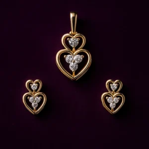 Romantic Silver Triple Heart Pendant Earrings Set with American Diamond