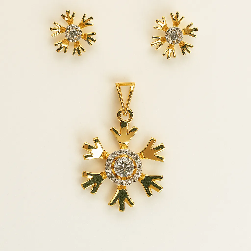 Beautiful Silver Snowflake Pendant Earrings Set with American Diamond