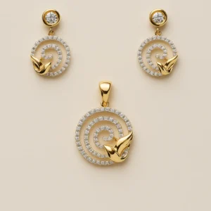 Royal Silver Spiral Leaf Pendant Earrings Set with American Diamond