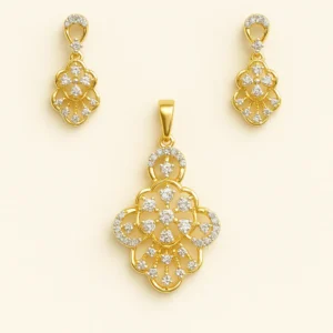Sophisticated Silver Quatrefoil Floral Pendant Earrings Set with American Diamond