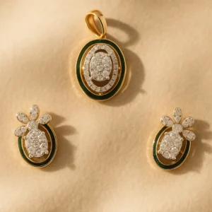 Stylish Silver Oval Floral Pendant Earrings Set with Green Accent and American Diamond