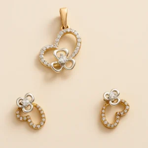 Modern Silver Heart Bloom Pendant Earrings Set with American Diamond