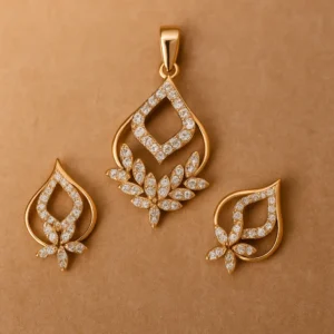 Graceful Silver Paisley Floral Spray Pendant Earrings Set with American Diamond