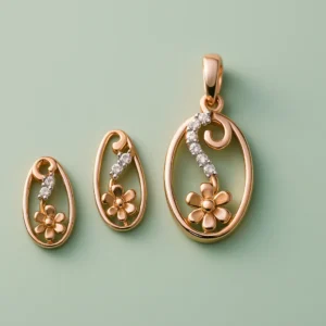 Unique Silver Oval Daisy Pendant Earrings Set with American Diamond