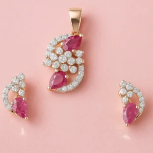 Luxury Silver Ruby Tone Teardrop Pendant Earrings Set with American Diamond
