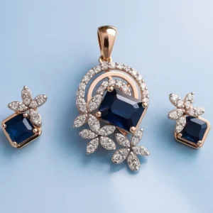 Royal Silver Blue Stone Floral Pendant Earrings Set with American Diamond