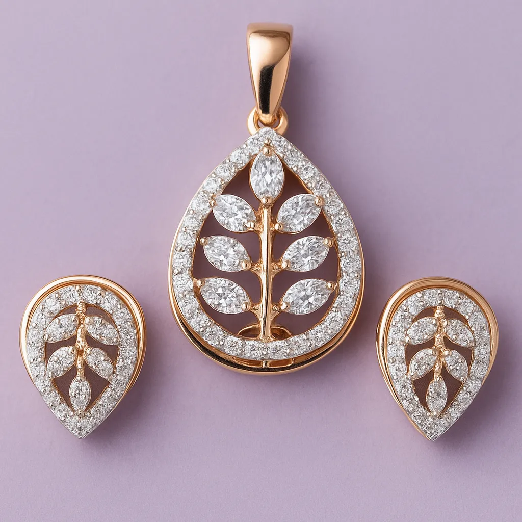 Elegant Silver Leaf Teardrop Pendant Earrings Set with American Diamond