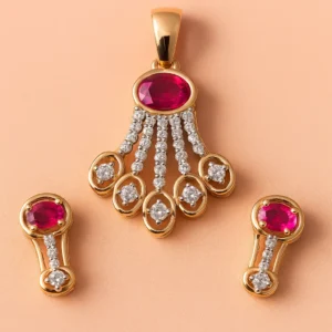 Trendy Silver Ruby Fringe Pendant Earrings Set with American Diamond