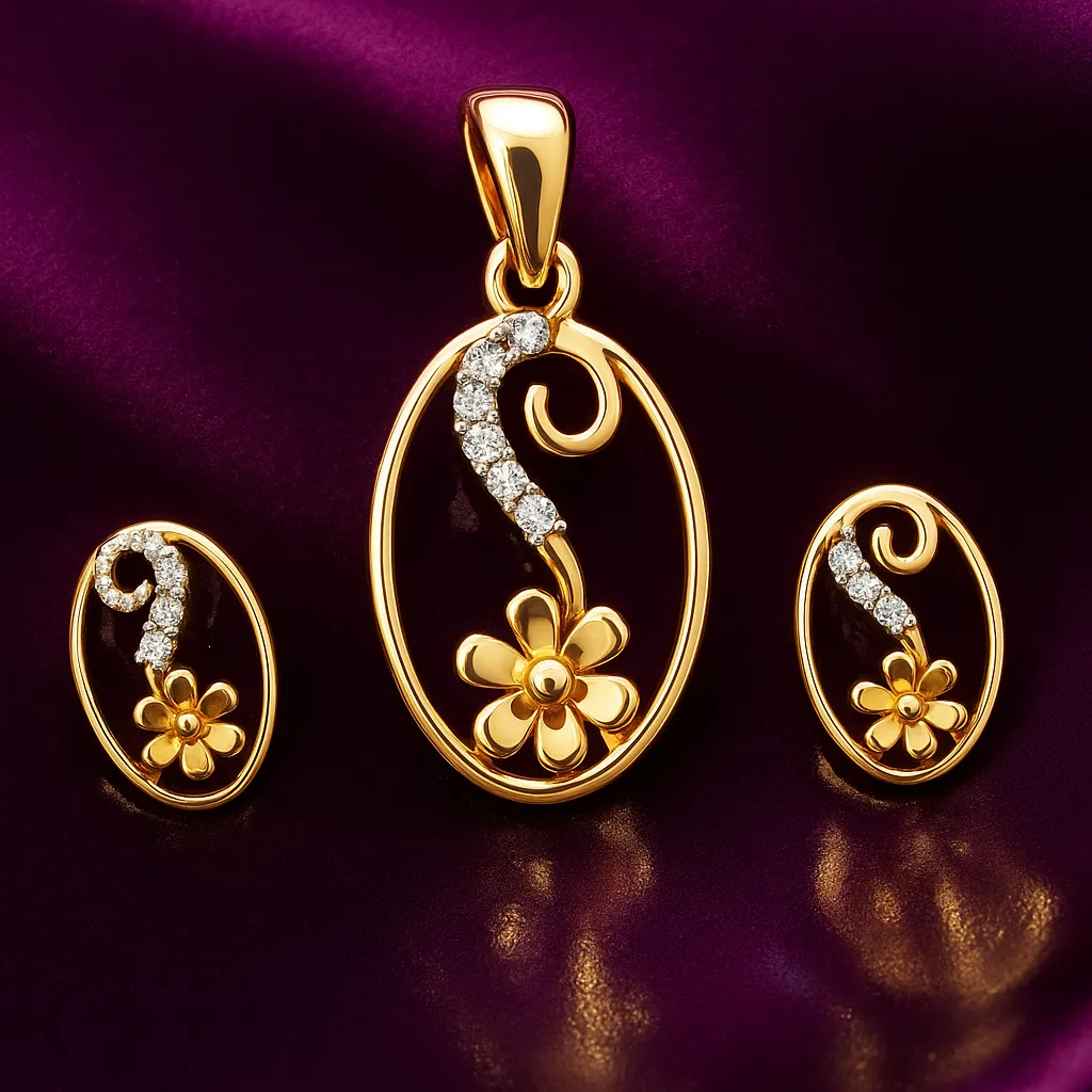 Delicate Silver Floral Swirl Pendant Earrings Set with American Diamond