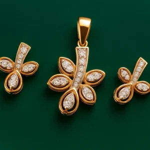 Modern Silver Four Petal Floral Pendant Earrings Set with American Diamond