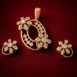 Graceful Silver Oval Floral Cluster Pendant Earrings Set with American Diamond