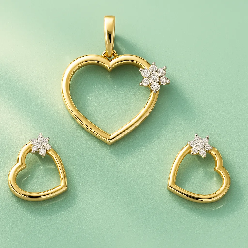 Charming Silver Open Heart Pendant Earrings Set with American Diamond