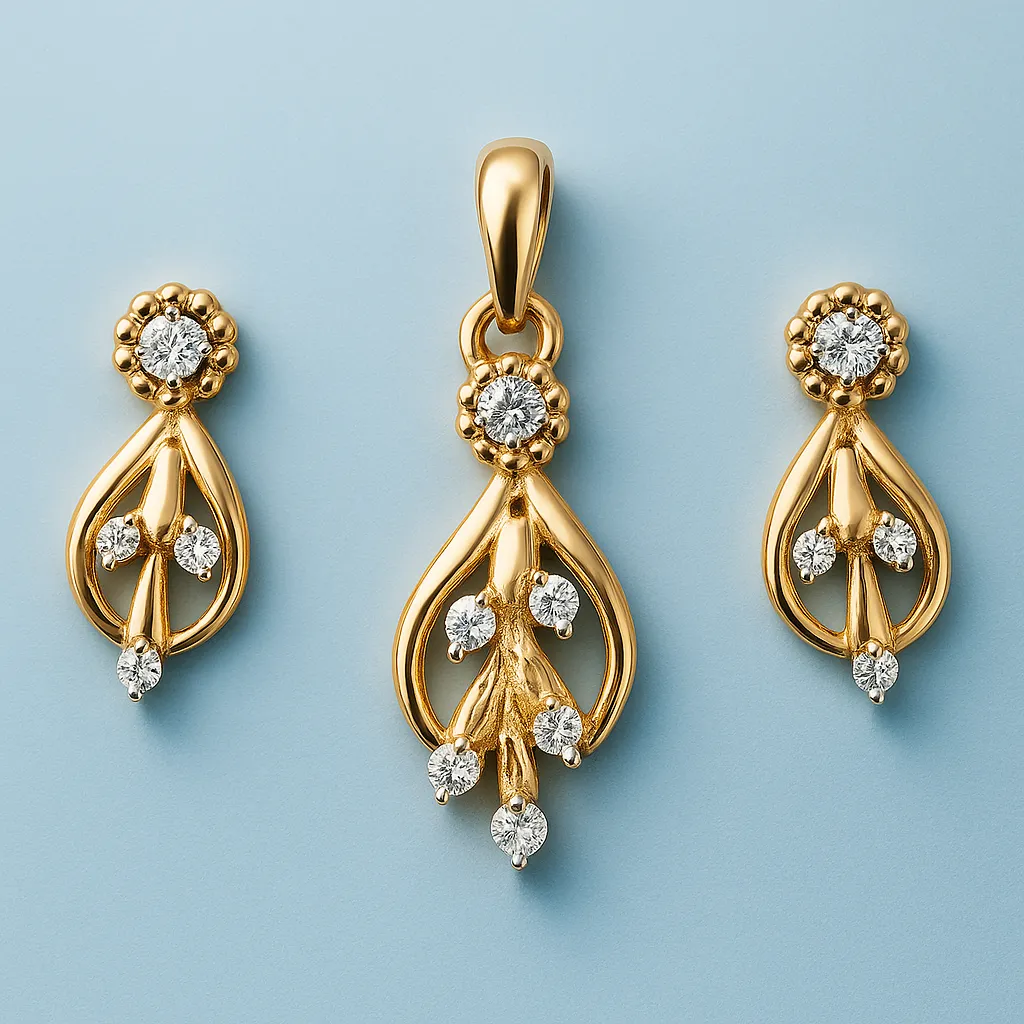 Contemporary Silver Leaf Drop Pendant Earrings Set with American Diamond