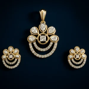 Royal Silver Kundan Style Floral Pendant Earrings Set with American Diamond