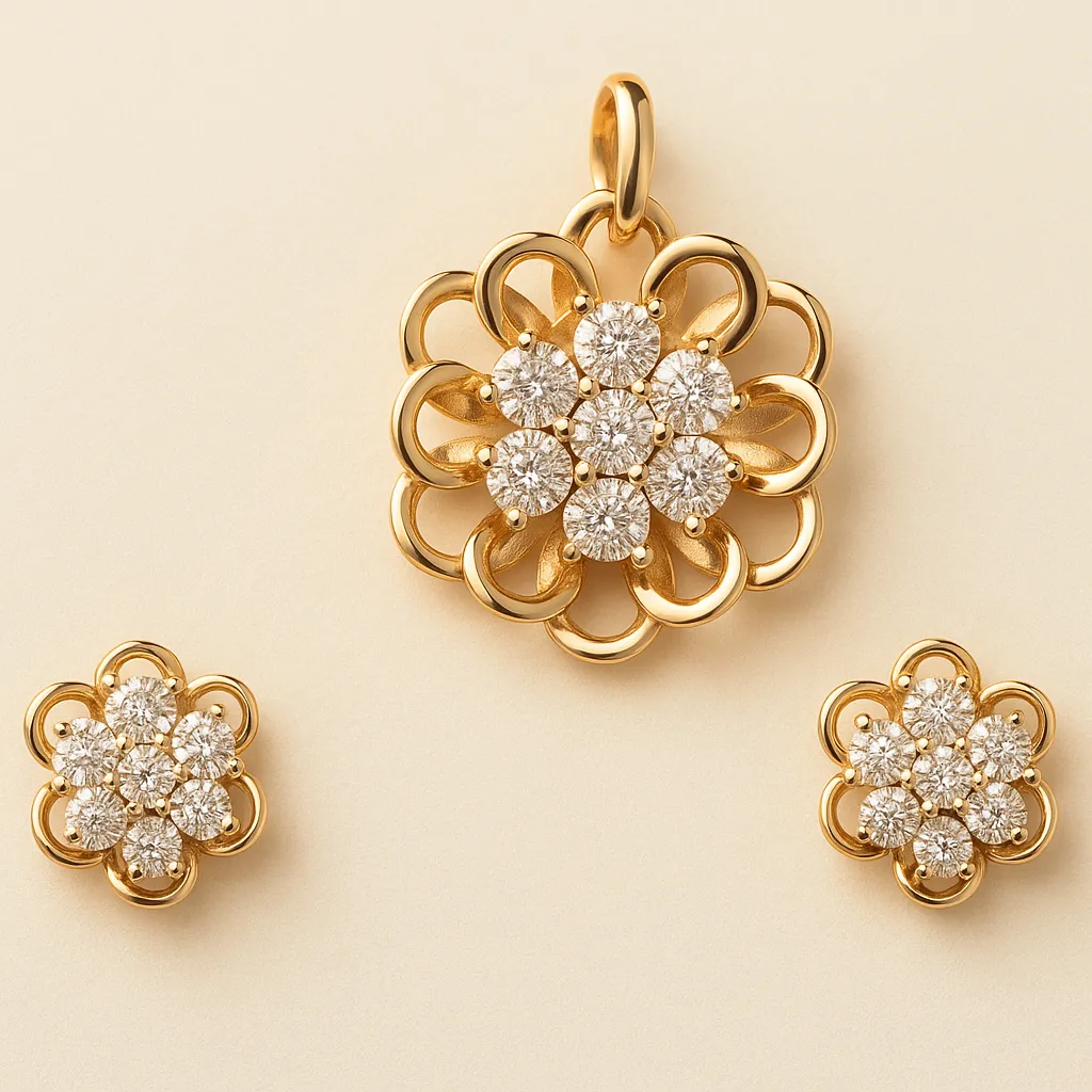 Chic Silver Rosette Floral Pendant Earrings Set with American Diamond