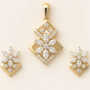 Delicate Silver Geometric Diamond Frame Pendant Earrings Set with American Diamond