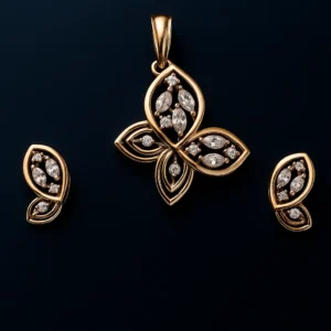 Modern Silver Triple Leaf Cluster Pendant Earrings Set with American Diamond