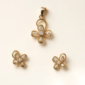 Minimal Silver Open Petal Flower Pendant Earrings Set with American Diamond