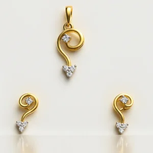 Fashionable Silver Curved Swirl Pendant Earrings Set with American Diamond