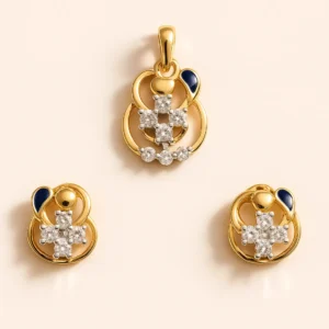 Eye Catching Silver Blue Accent Floral Pendant Earrings Set with American Diamond