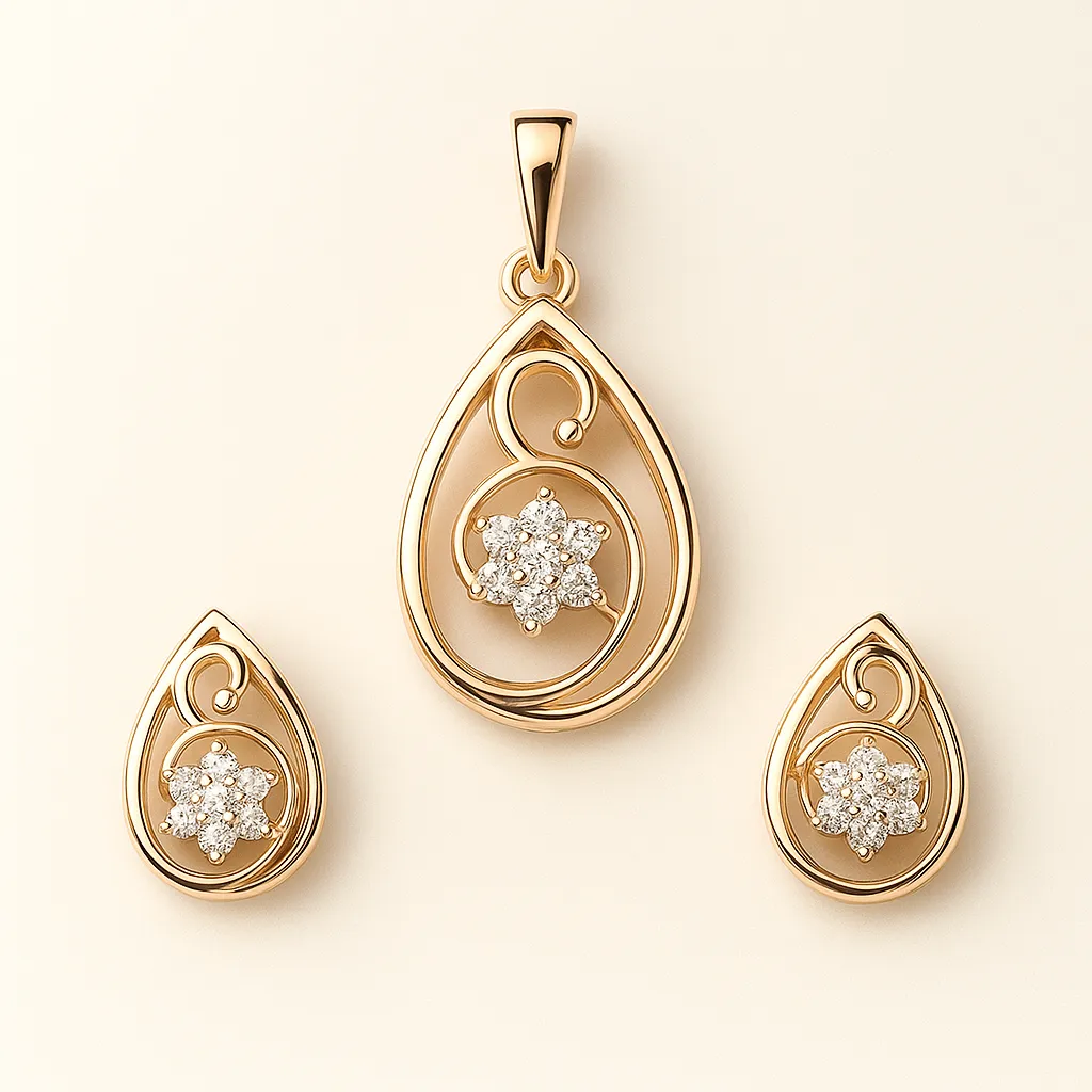 Trendy Silver Leaf Frame Pendant Earrings Set with American Diamond