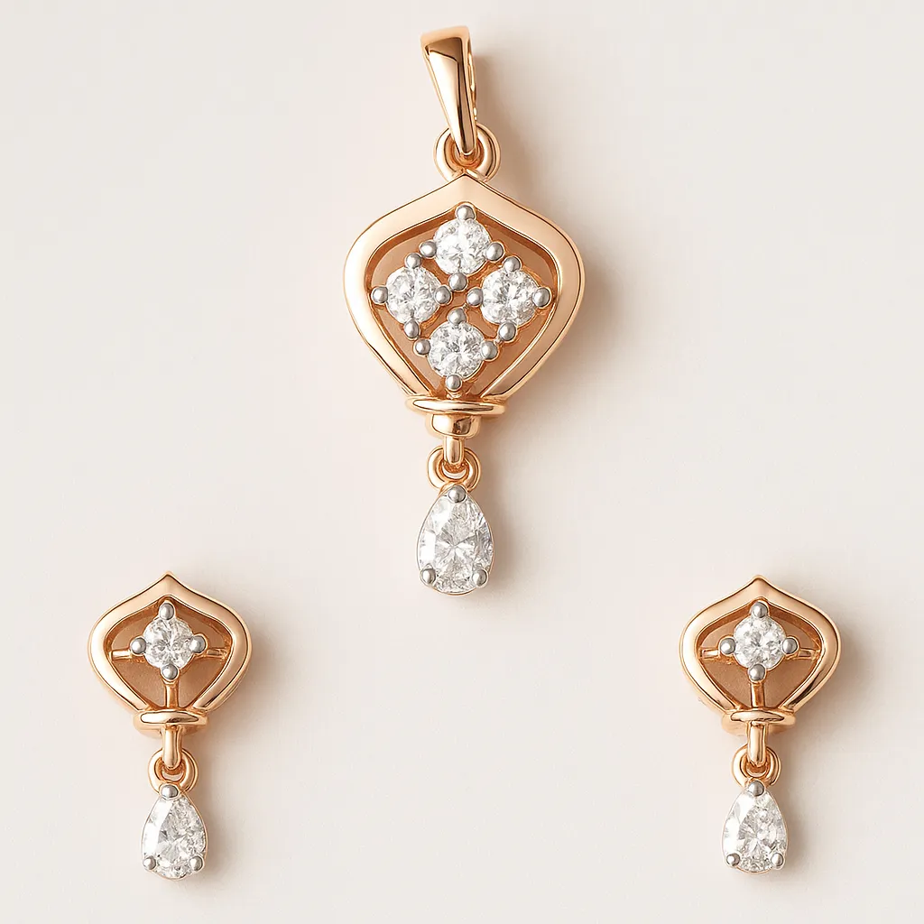 Delicate Silver Heart Frame Pendant Earrings Set with American Diamond