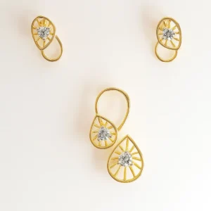 Minimal Silver Sleek Round Pendant Earrings Set with American Diamond