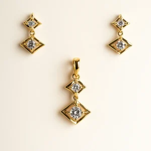 Trendy Silver Triple Diamond Shape Pendant Earrings Set with American Diamond