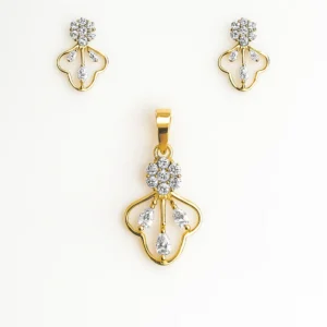 Graceful Silver Lotus Leaf Pendant Earrings Set with American Diamond