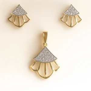 Elegant Silver Layered Lotus Fan Pendant Earrings Set with American Diamond