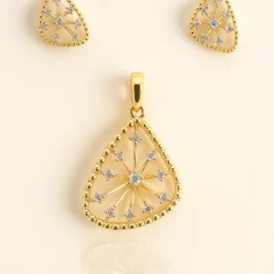 Stylish Silver Triangular Starburst Pendant Earrings Set with American Diamond