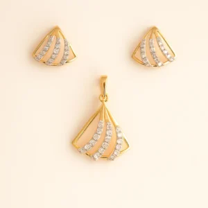 Delicate Silver Fan Stripe Pendant Earrings Set with American Diamond